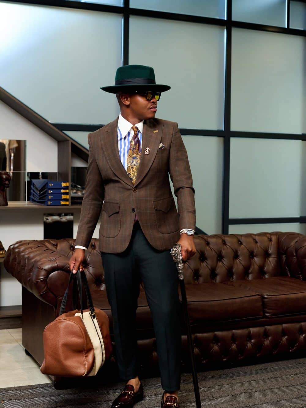 2 Piece Coco WIndowPane check, super 130 bottled green pants