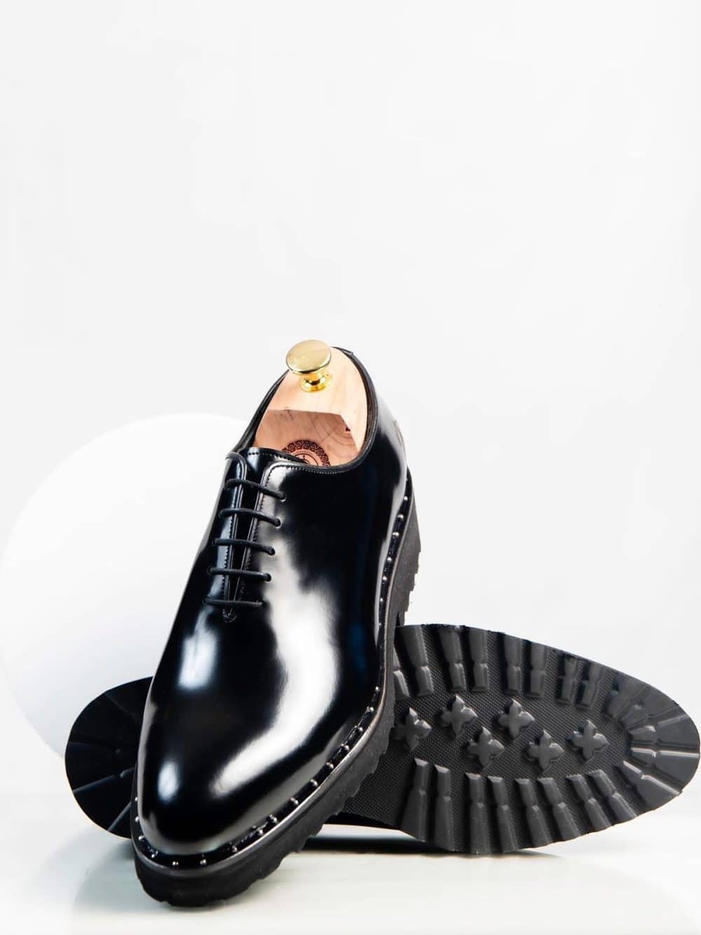 Black Whole Cut Commando Leather Studded Shoes