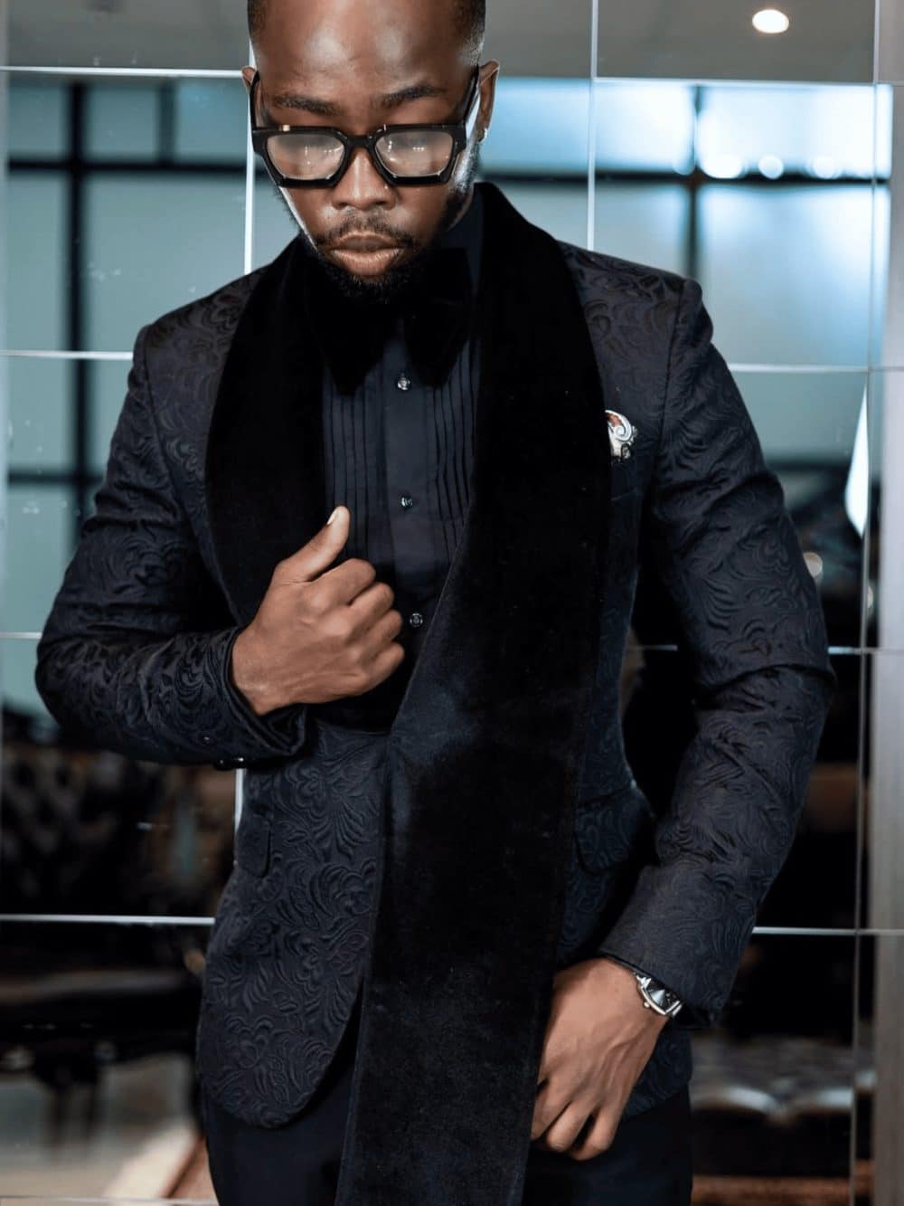 2 Piece Black Brocade Tuxedo Ensemble