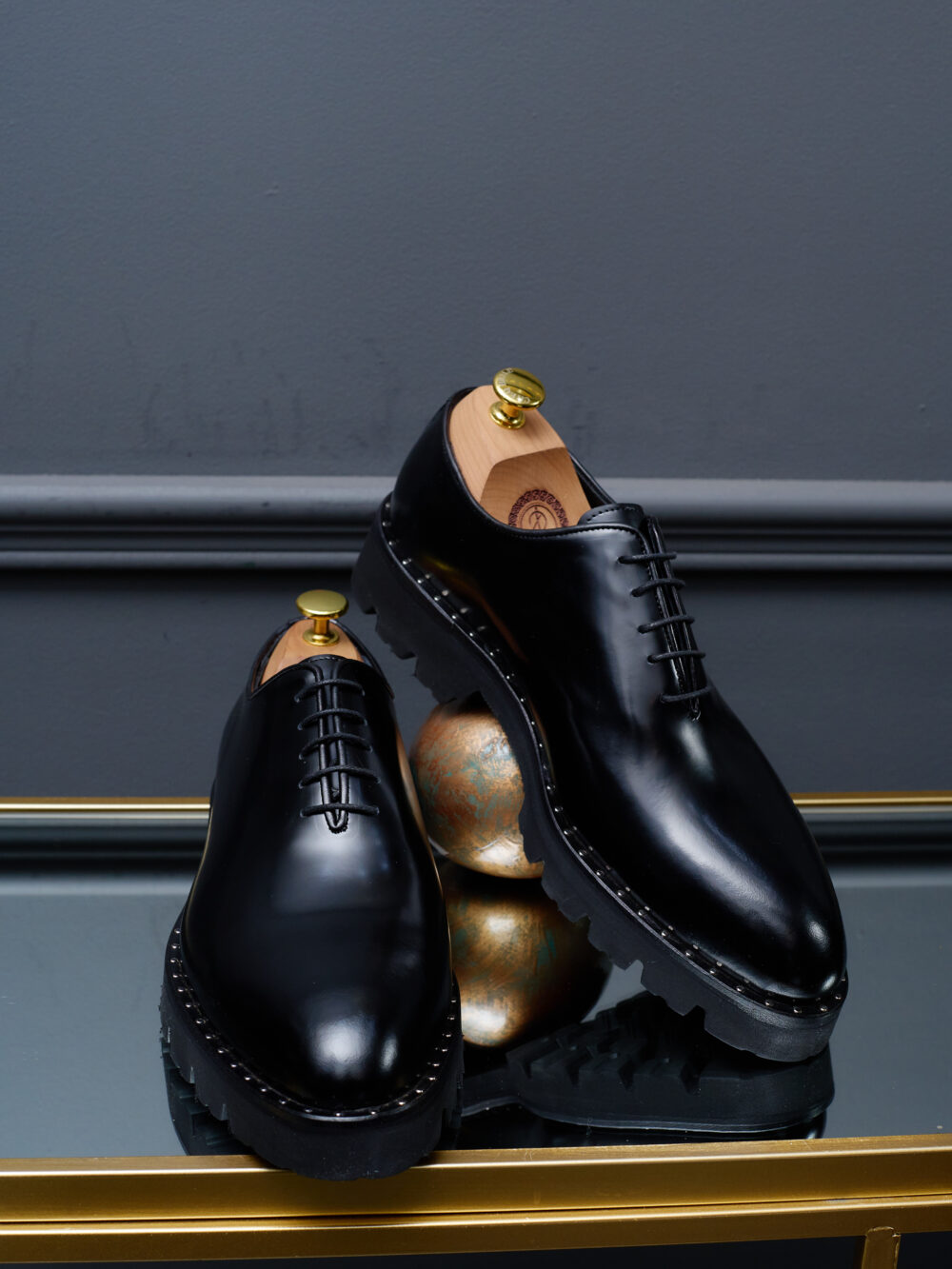 Black Whole Cut Commando Leather Studded Shoes